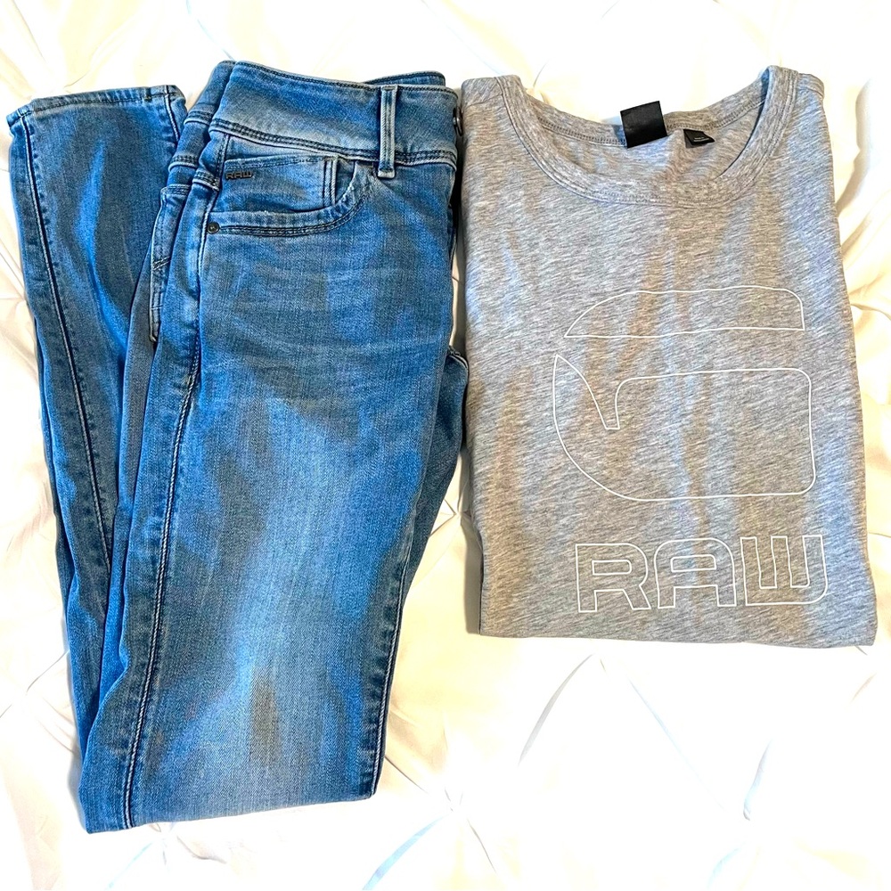 G-Star Raw Lynn Mid Rise Super Skinny Jeans & Fitted T-Shirt, Excellent!